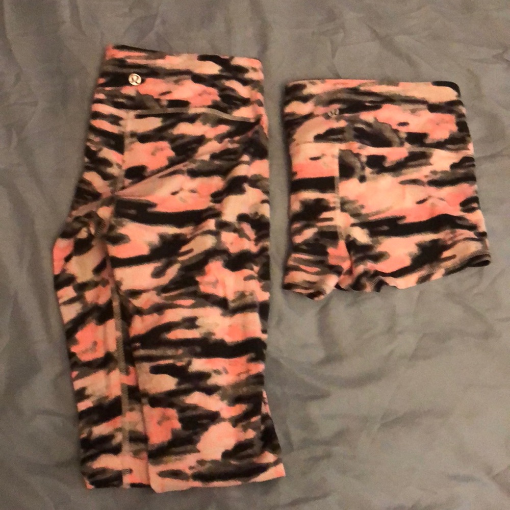 Lululemon pink camo leggings and shorts